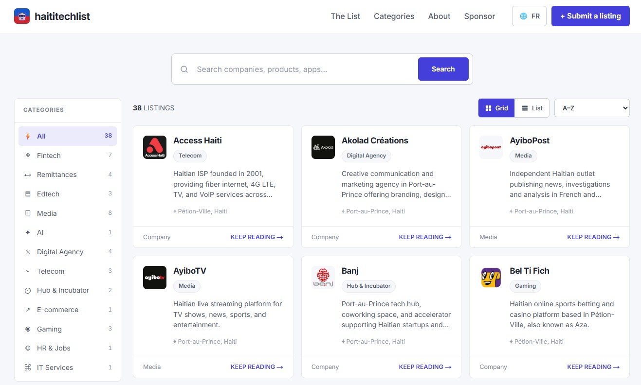 The haititechlist homepage: a search bar, a category sidebar, and a grid of listing cards